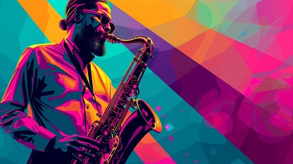 Fototapeta premium Jazz saxophonist in spotlight flat design front view cartoon drawing Triadic Color Scheme
