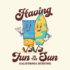Summer Surfing Retro Cartoon Characters Label. Groovy Surf Board, Sun Screen Cream Illustrations. Beach Personage Walking Smiling Vintage Vector Drawings Logo Isolated