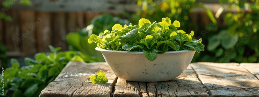 Wall mural spinach in a white bowl on a wooden table. selective focus - Wall murals