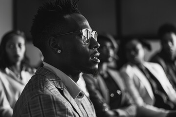 Obraz premium A man in a suit seated among colleagues, ideal for corporate or professional settings