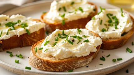 Treat yourself to a delicious homemade cream cheese spread served on soft bread slices. Sprinkle it with fresh chives for an extra burst of flavor.