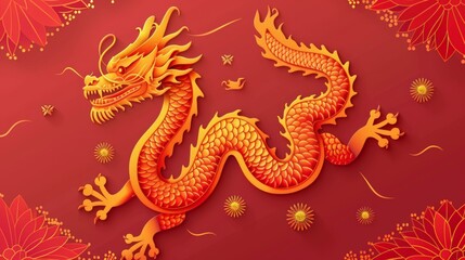 Obraz premium An ornate golden dragon set against a red background