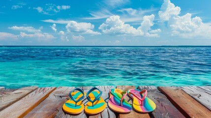 Flip-flops on wood against blue water background. Summer vacation concept 