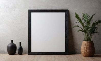 3D-rendered vertical wooden frame mockup showcasing a poster placed on a wooden floor against a white wall backdrop