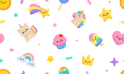 Pastel Pony Unicorn and Cat Unicorn with kawaii white background: cupcake, fulling star, heart, happy crown seamless pattern in soft colors for pajamas prints,  kids apparel, birthday party backdrop