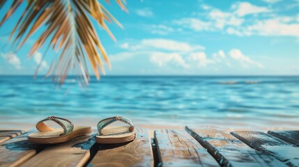 Obraz premium Flip-flops on wood against blue water background. Summer vacation concept 