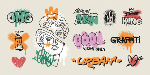 Street Art Graffiti text slogan prints dsgn with spray paint effect. Graffiti quote in hip-hop style urban typography and street art elements for graphic tee t-shirt or apparel - editable vector (3) © VRTX