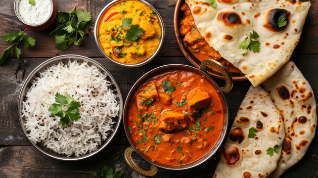 A vibrant Indian curry dish served with fragrant basmati rice and naan bread, symbolizing the widespread appeal of spicy and flavorful Indian cuisine