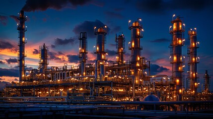Fototapeta premium Oil refinery with towering structures and complex pipelines, showcasing the energy industry's scale and complexity.