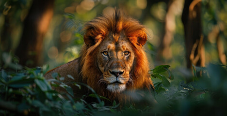 A dedicated wildlife photographer, equipped with a high-resolution camera, captures the mesmerizing sight of a majestic lion roaming freely in its natural habitat. The dense forest provides a lush