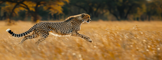 Obraz premium A passionate wildlife photographer captures the swift motion of a cheetah sprinting across the open plains of a safari. The sleek, spotted predator blends perfectly with the golden grasses,