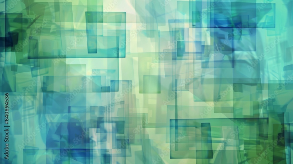 Aufkleber An abstract background featuring overlapping transparent squares in shades of blue and green. The layered design creates depth and a modern, digital feel
