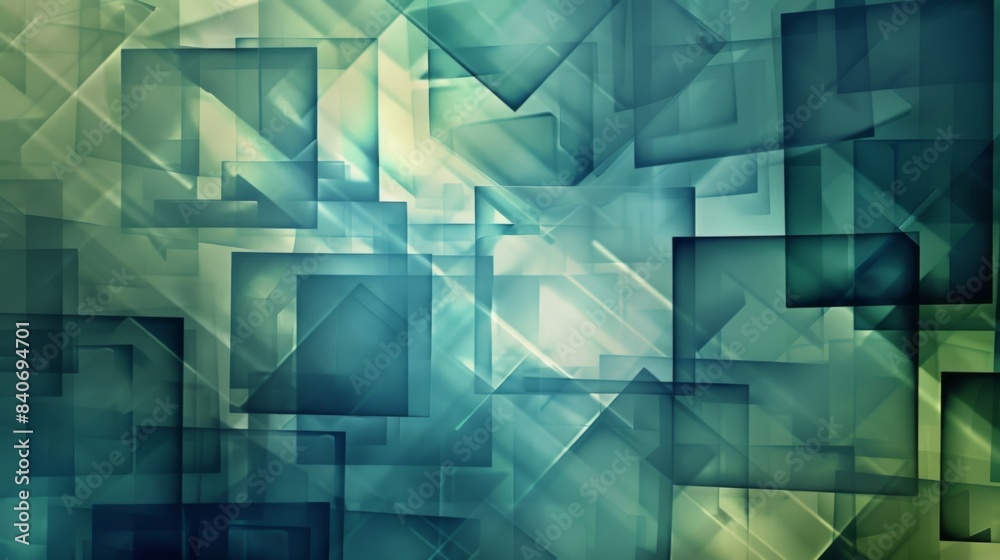 Aufkleber An abstract background featuring overlapping transparent squares in shades of blue and green. The layered design creates depth and a modern, digital feel