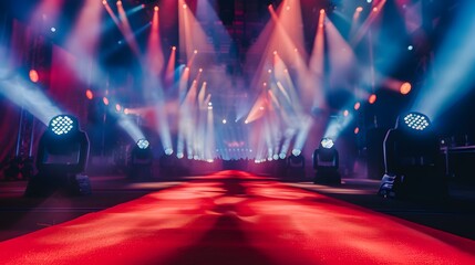 Red carpet on a grand stage,by a dramatic spotlight background