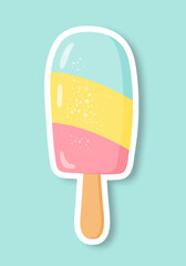 A colored sticker with a cartoon popsicle highlighted on a blue background. Ice cream on a stick. Vector illustration.
