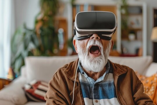 Elderly man expresses astonishment as he explores a virtual world through vr headset