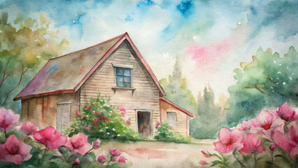 Rural farmhouse flower watercolor background