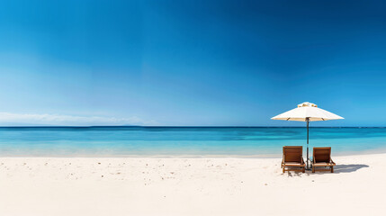 Fototapeta premium Vue panoramique de la plage: chaises longues et eau claire