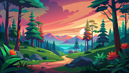 forest landscape of colorful sunsets vector background 