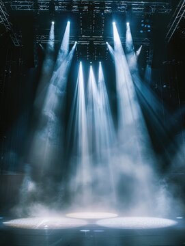 A stage with spotlights and smoke, perfect for representing a live performance or a dramatic event