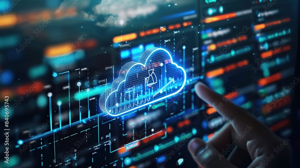 Aufkleber Cloud with hologram digital analysis of business data graph. Futuristic technology background.