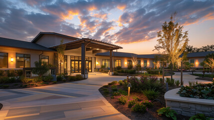 Stunning picture of the exterior of a contemporary retirement community building, beautifully illuminated at sunset with well-maintained landscaping and a welcoming entrance