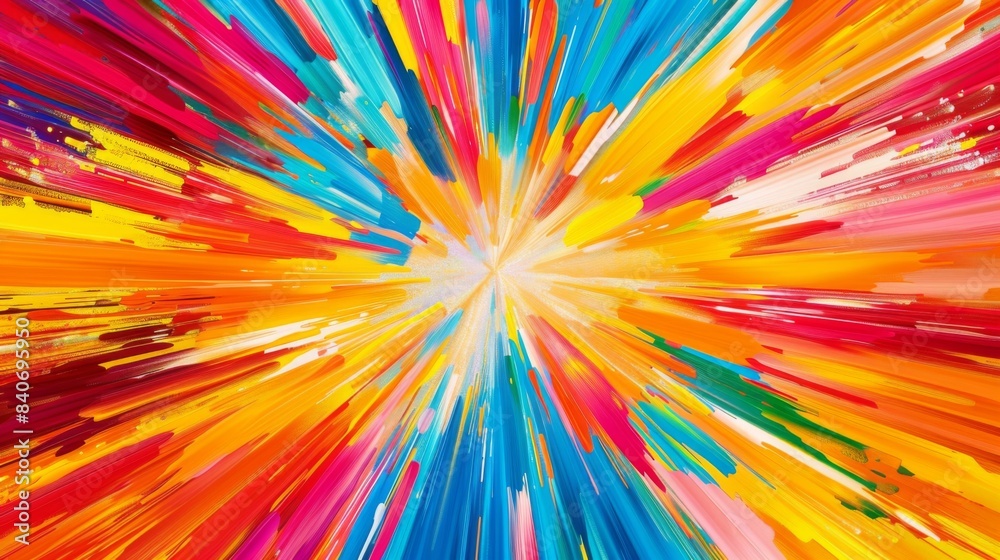 Poster An abstract background with a burst of radial lines in vibrant colors, emanating from the center. The energetic design creates a sense of movement and excitement