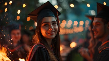 Obraz premium Graduates in caps and gowns grilling, celebratory, high detail, vibrant colors, evening light, bokeh background 8K , high-resolution, ultra HD,up32K HD