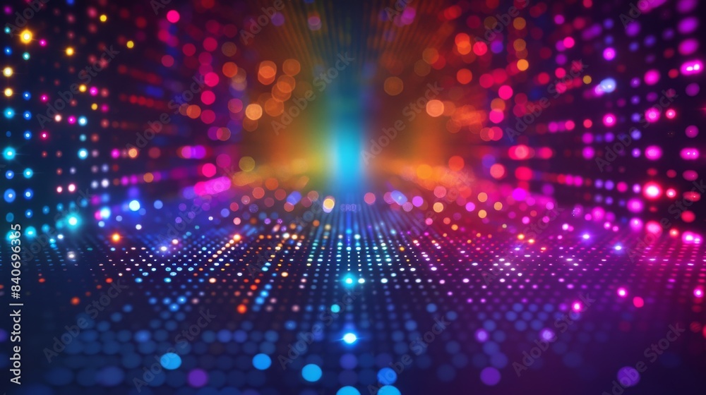 Poster an abstract background with a grid of glowing dots in various colors on a dark background. the dynam