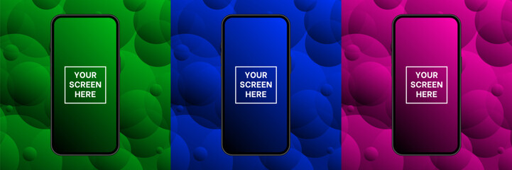 Mockup of a phone screen. Green, blue and pink backgrounds with abstract bubbles. Advertising on a smartphone display. Device front view. 3D mobile phone. Cell phone	
