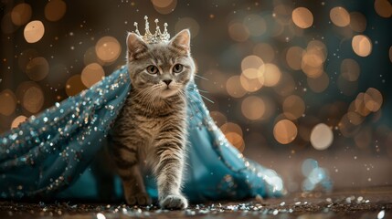Cat wearing a crown and a blue cape