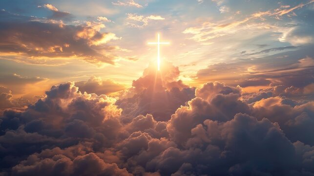 Sunrise with cross above clouds