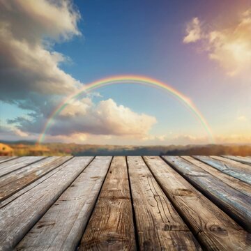 Wooden terrace with rianbow sky background