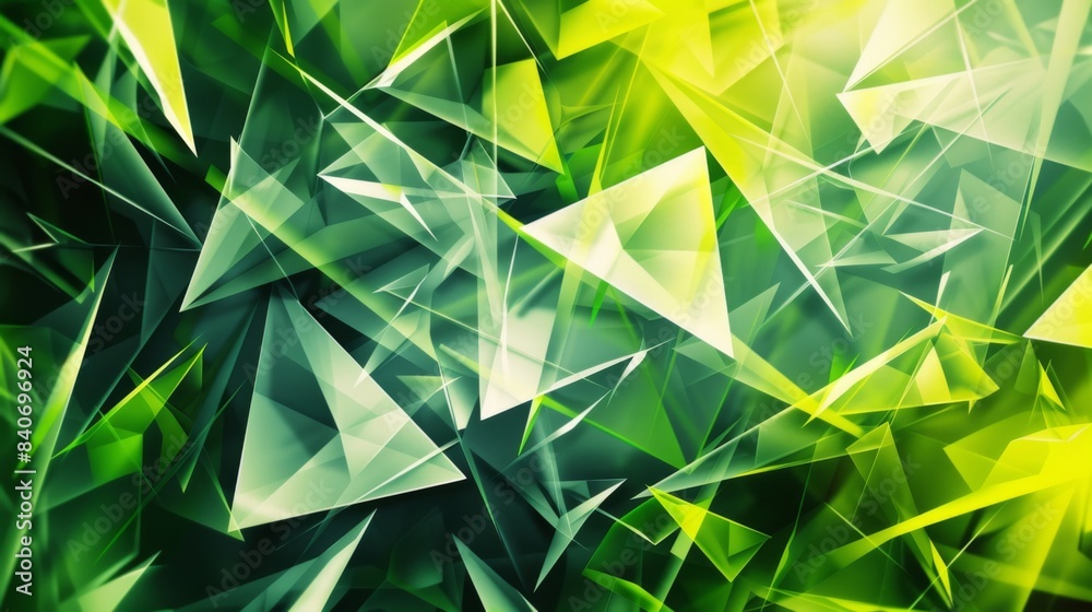Poster An abstract geometric background with sharp triangles and polygons in various shades of green and yellow. The shapes are layered to create depth and a sense of modernity