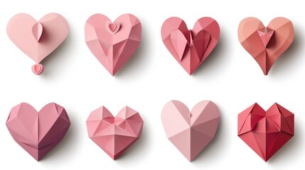A collection of paper hearts arranged neatly on a white background, great for romantic or sentimental uses