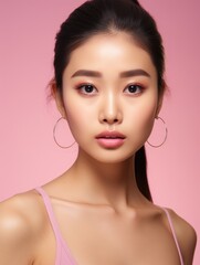 Fototapeta premium A woman posing for a photo wearing a pink top, suitable for use as a portrait or fashion image