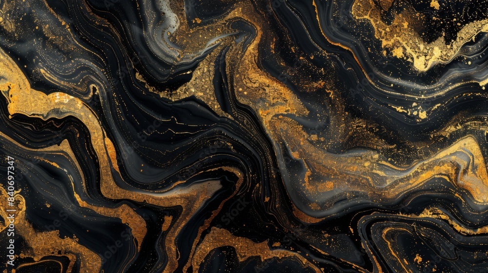 Fototapete An abstract liquid marble background in shades of gold and black. The fluid, swirling patterns create a luxurious and sophisticated visual effect