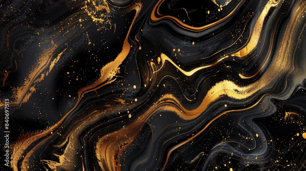 Leinwandbilder An abstract liquid marble background in shades of gold and black. The fluid, swirling patterns create a luxurious and sophisticated visual effect