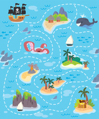 Vector colorful maze, labyrinth for children with cartoon map, treasure island, pirate ship. Kids maze with way passing through the sea. Puzzle game.