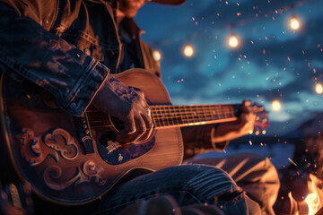 Obraz premium Cowboy playing guitar by a campfire