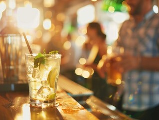 Close-up shot of a glass of alcohol on a bar counter
