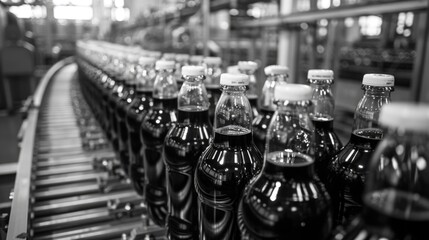 A row of soda bottles moving along a production line, often used in editorial or commercial content related to food and beverage industry