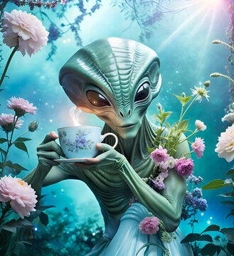 smart alien drinking  tea in garden  around blossom flowers. close up. Digital artwork.  Ai generated