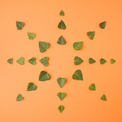 Creative arrangement of ivy leaves in the shape of a sun on an orange pastel background. Minimal flat lay.