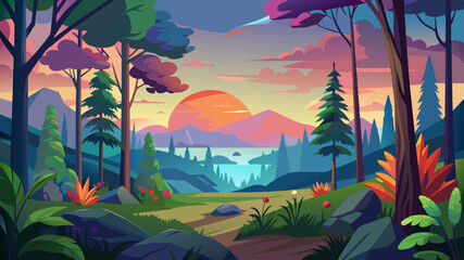 forest landscape of colorful sunsets vector background 