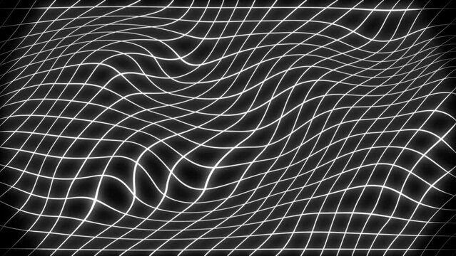 Visual white wavy grid line on black motion background. Turbulent wave grid lines background. Distorted, neon, futuristic, glow.