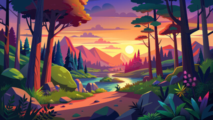 forest landscape of colorful sunsets vector background 