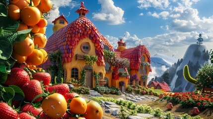 Obraz premium Vibrant 3d render of fruit shaped houses in a creative village illustration, colorful architecture