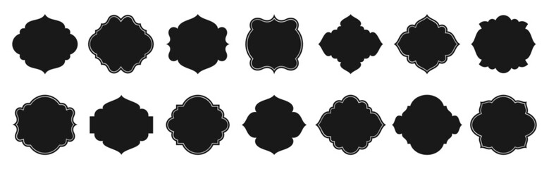 Islamic window set. Black silhouette of arabic design elements or decor in oriental style. Muslim architecture frames in different shapes for Ramadan. Vector mosque arches isolated on white background