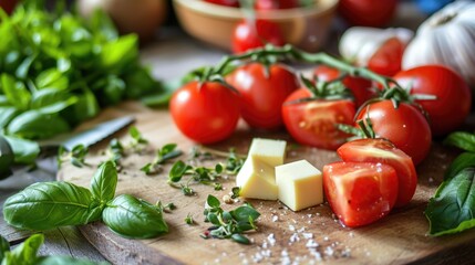 Fresh tomatoes and melted cheese on a wooden cutting board, perfect for a snack or appetizer